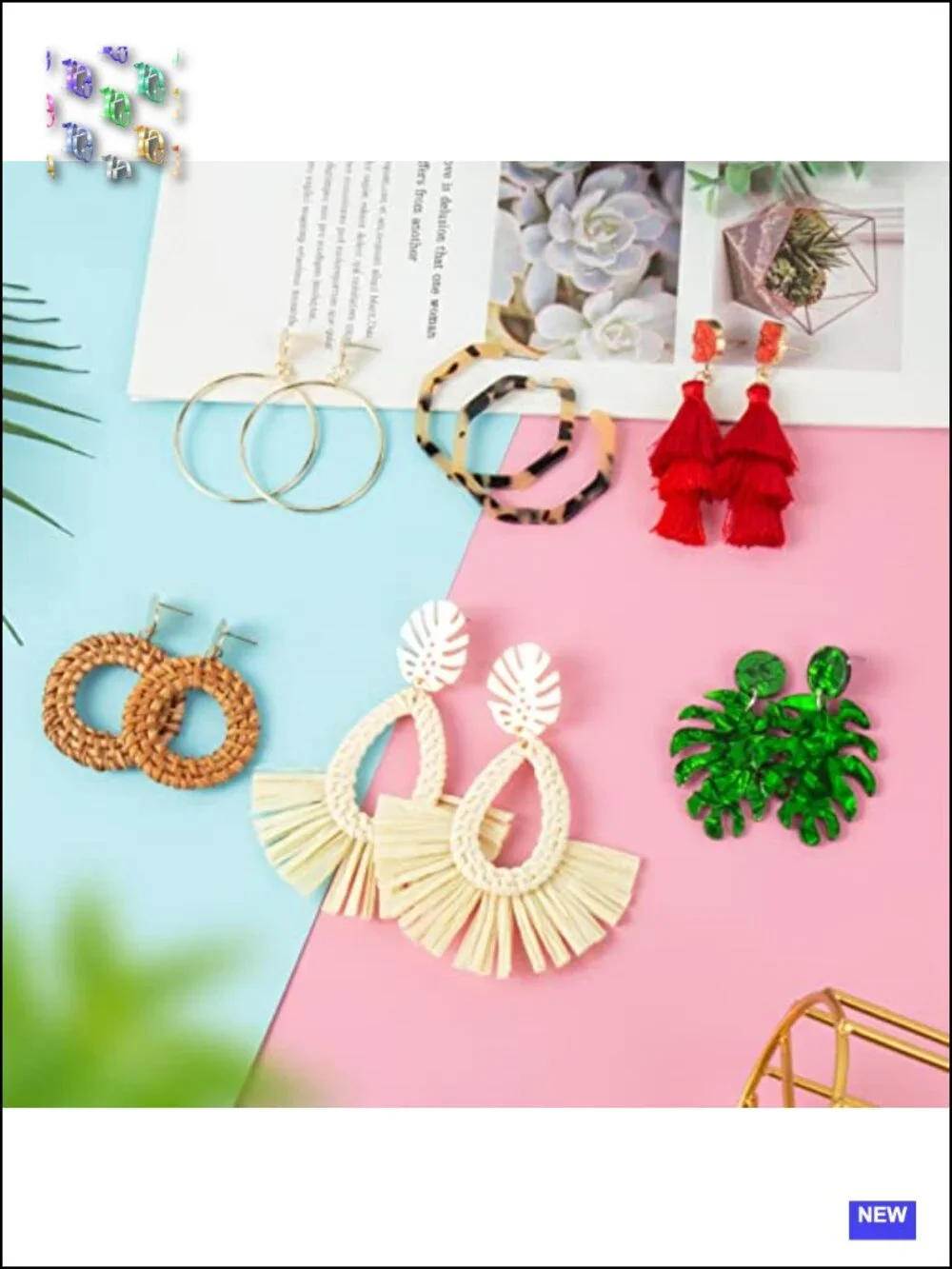 6 Pairs Rattan Earrings Set Lightweight Geometric Hoop Dangle Drop Straw Summer